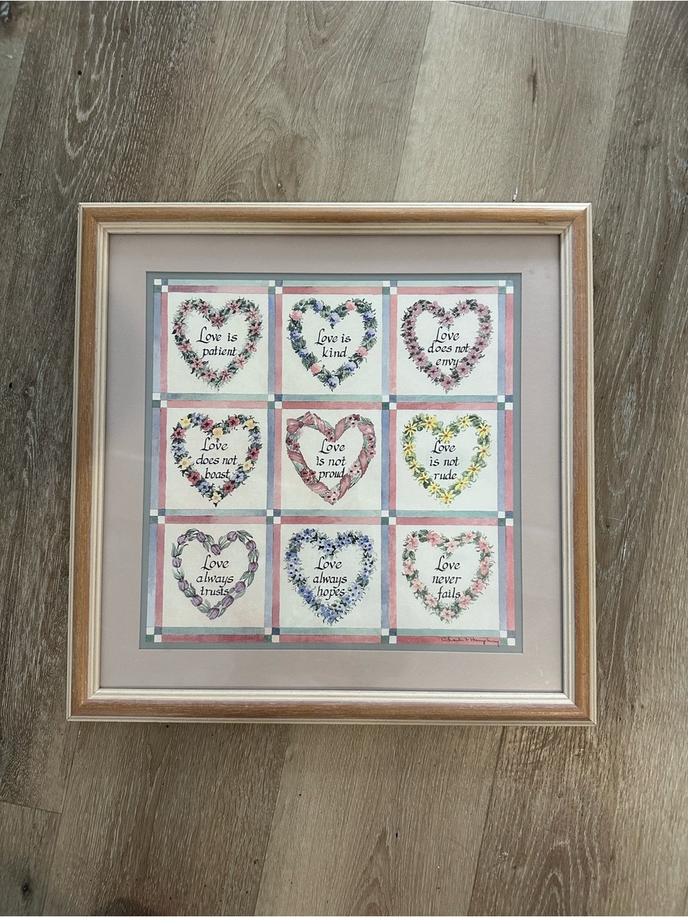 Vintage Charles F. Humphrey “Love Is” Floral Hearts Framed Christian Art 18x18